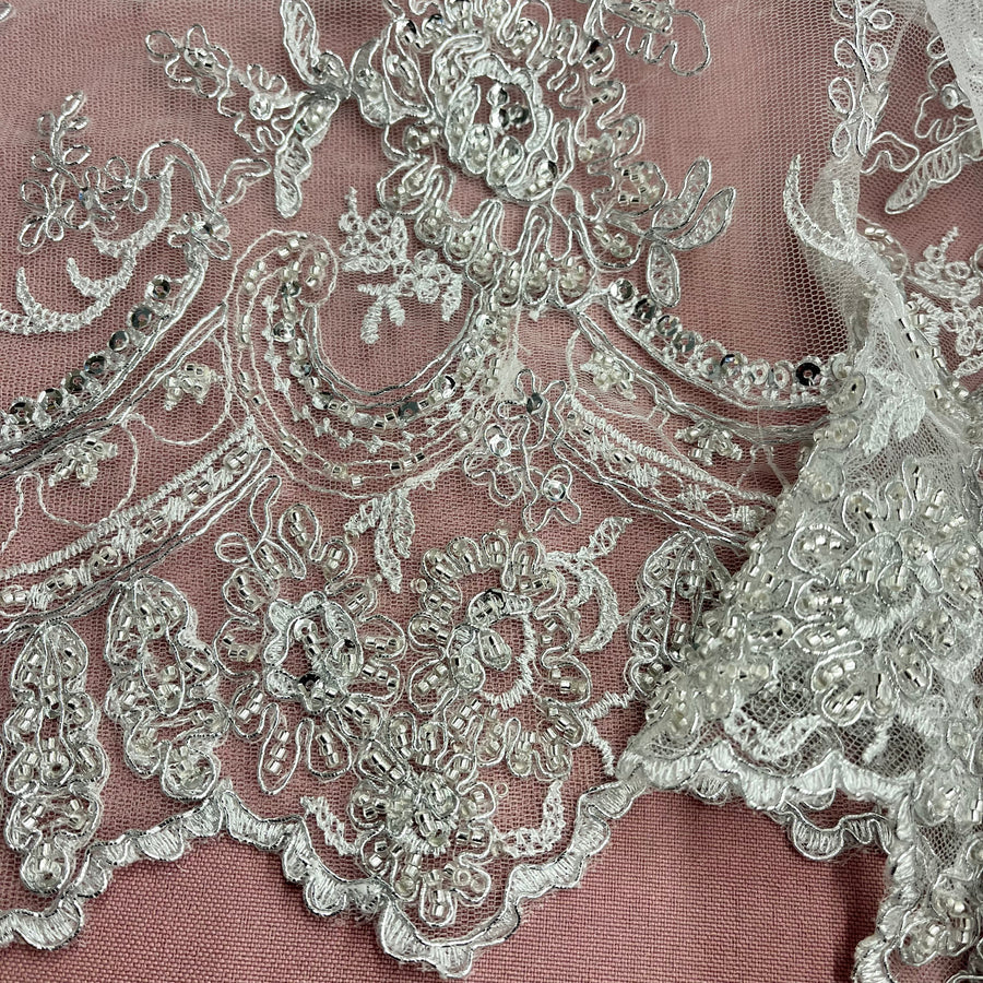 1 Yard Ivory Beaded & Corded Bridal Fabric Lace Embroidered on 100 Percent Polyester Net Mesh 51 Inch Width