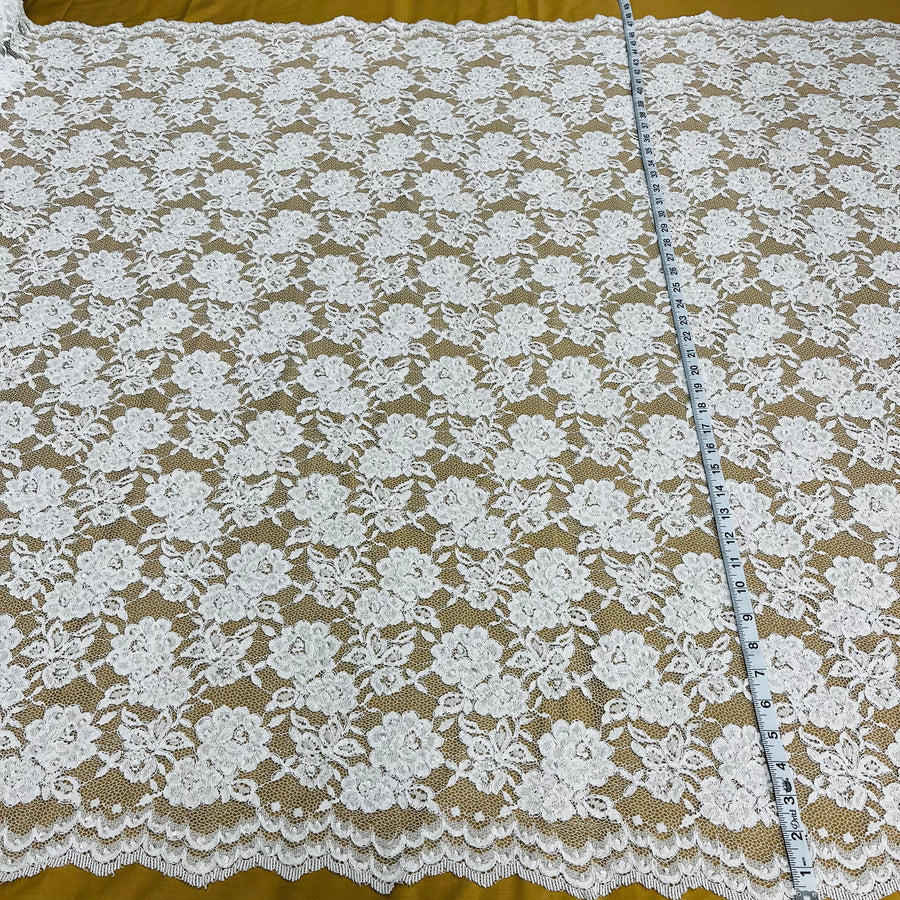 1 Yard Elegant Beaded and Corded Lace Fabric Embroidered on 100% Polyester Net Mesh White