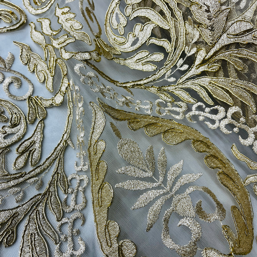 1 Yard Elegant Corded Bridal Lace Fabric Embroidered on 100% Polyester Net Mesh White