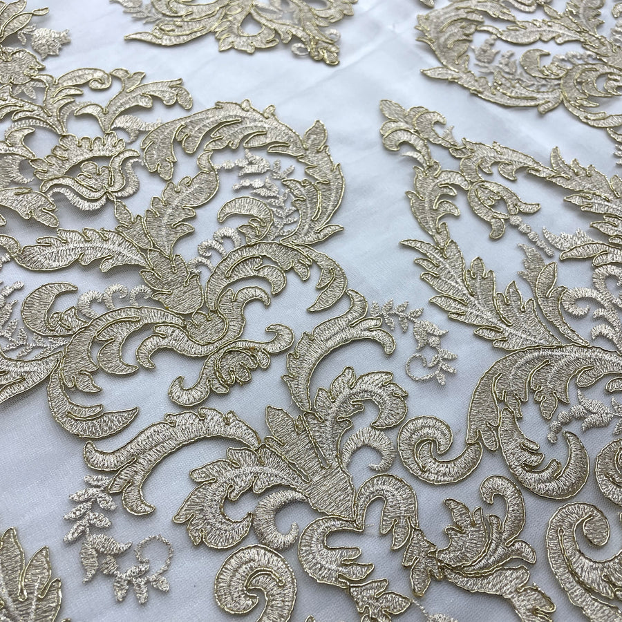 1 Yard Corded Bridal Lace Fabric Embroidered on 100% Polyester Net Mesh
