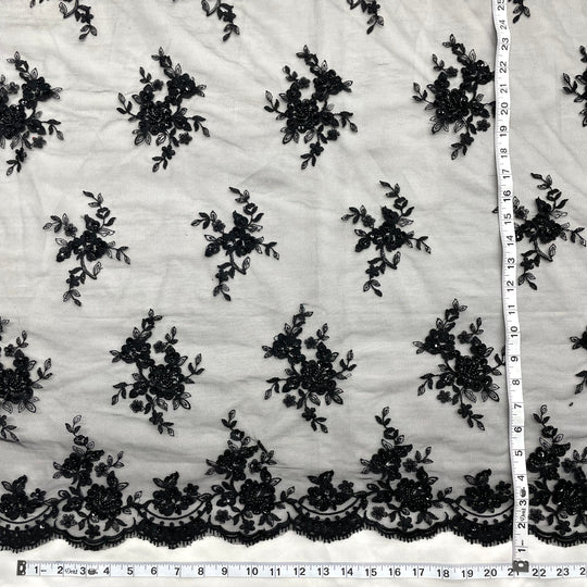 1 Yard Luxurious Beaded & Corded Bridal Lace Fabric Embroidered on Polyester Net Mesh – 54"