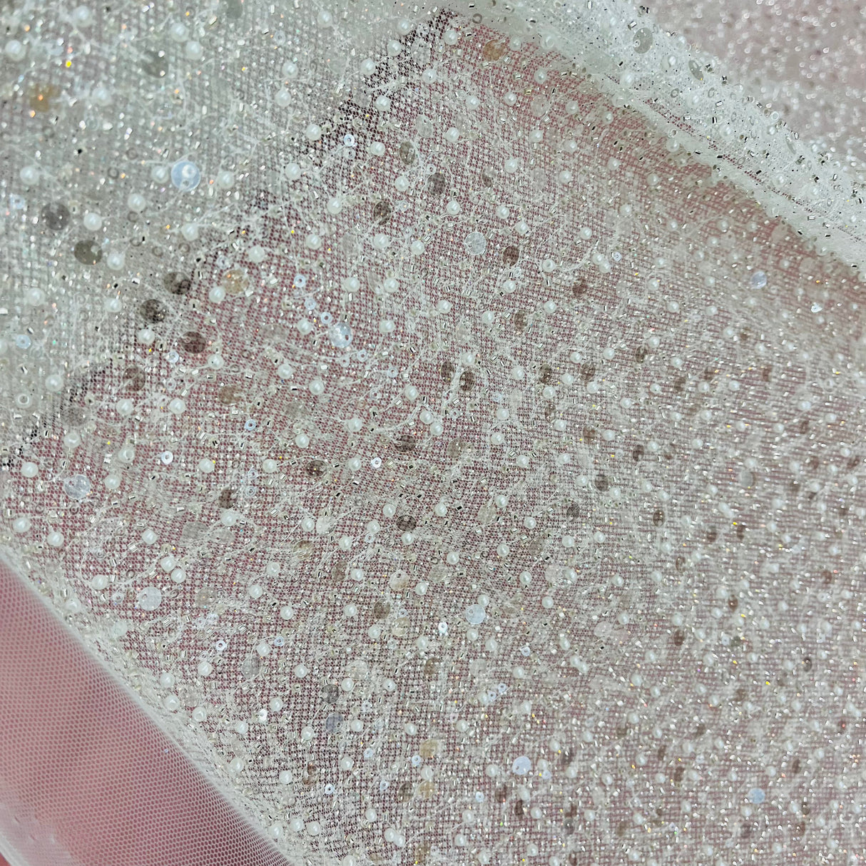 Beaded Sequined Lace Fabric Off White Silver
