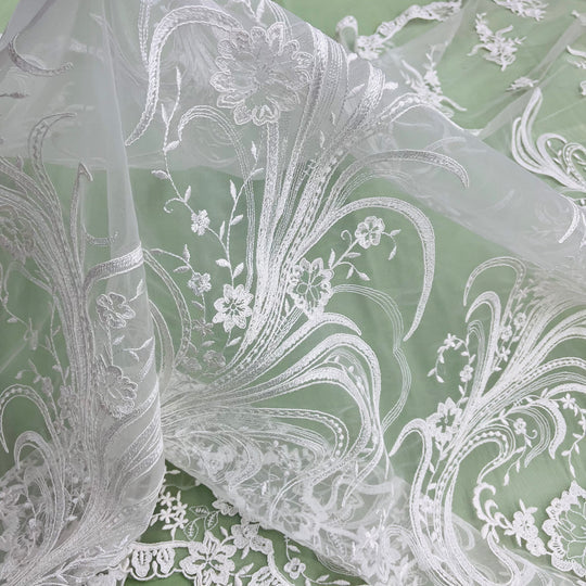 1 Yard Elegant Corded Bridal Lace Fabric Embroidered on 100% Polyester Net Mesh – Silver – 54"