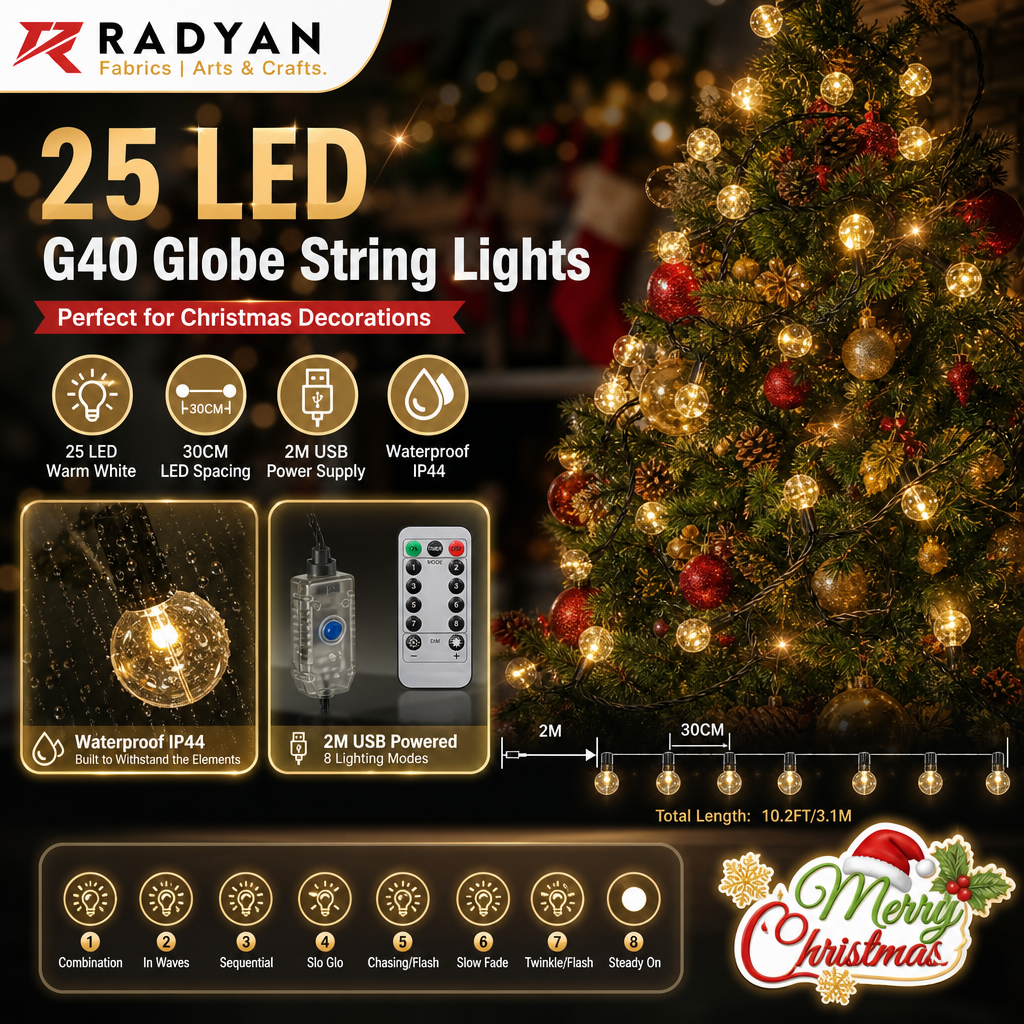 25 LED String Lights Warm White USB Christmas Decor