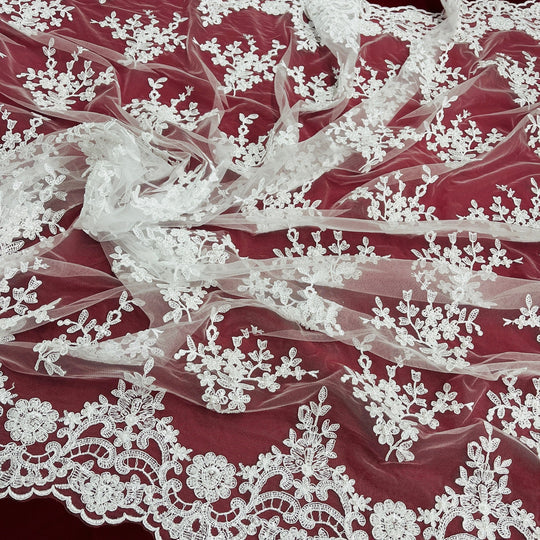 1 Yard Beaded Corded Bridal Lace Fabric Embroidered 100 Percent Polyester Net Mesh 56 inch Width