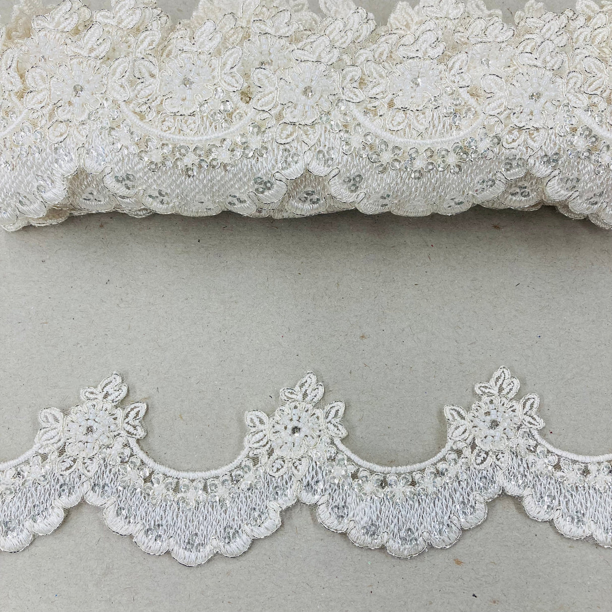 Beaded Corded Lace Trim White