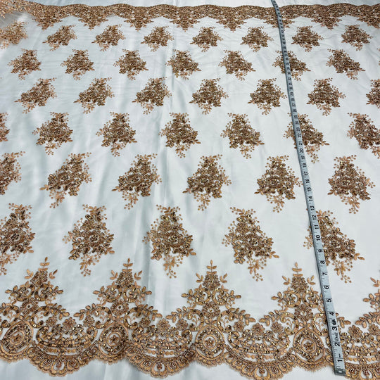 1 Yard Exquisite Beaded and Corded Lace Fabric Embroidered on Polyester Net Mesh