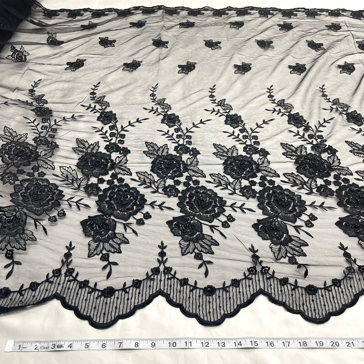 1 Yard Silver Beaded Embroidered Lace Fabric on Polyester Net Mesh for Bridal and Evening Couture – 52"