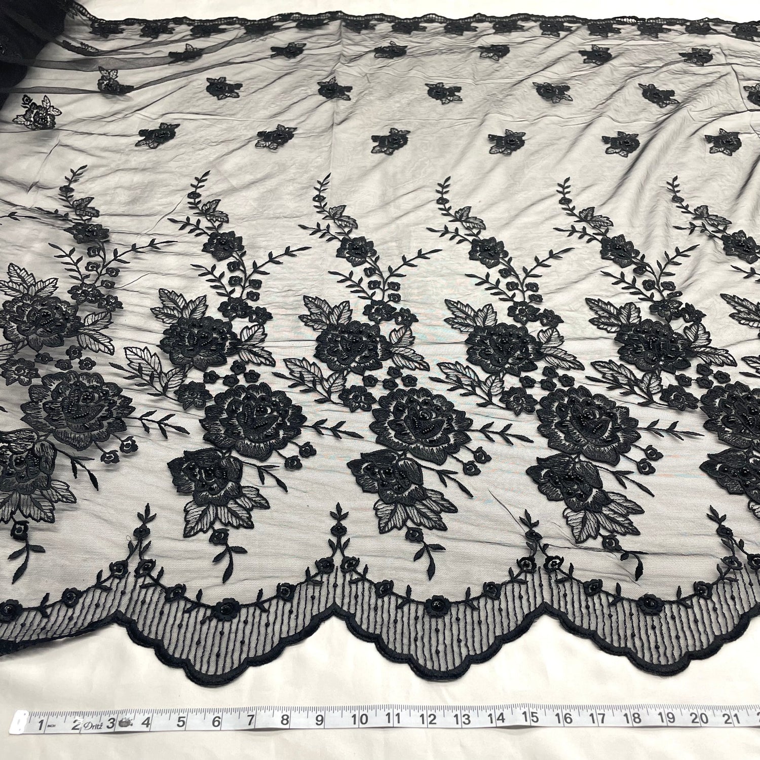 1 Yard Silver Beaded Embroidered Lace Fabric on Polyester Net Mesh for Bridal and Evening Couture – 52"