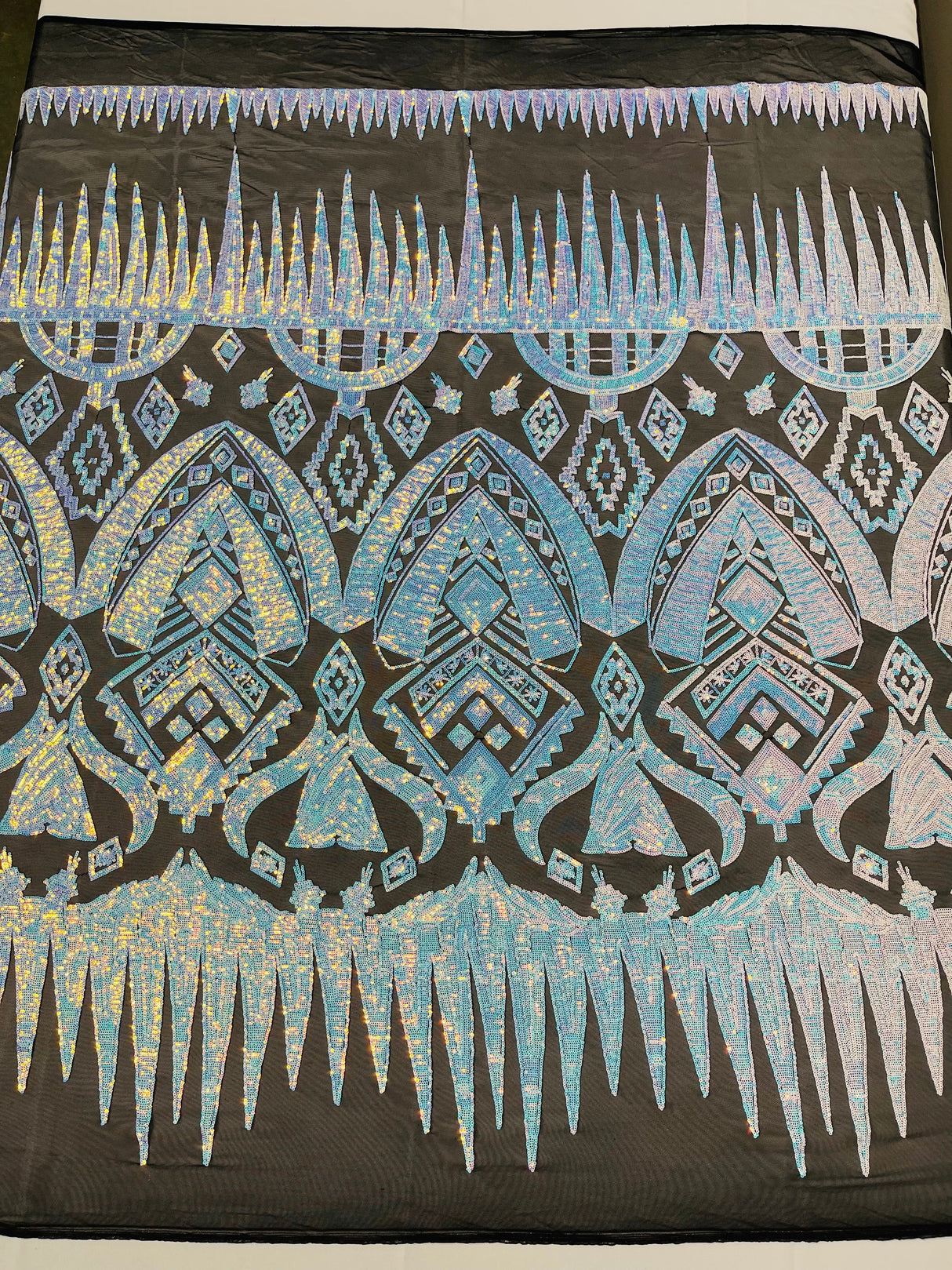 Tribal Sequin Fabric - Aqua Blue Iridescent On Black Mesh, 54" Width (1 Yard)