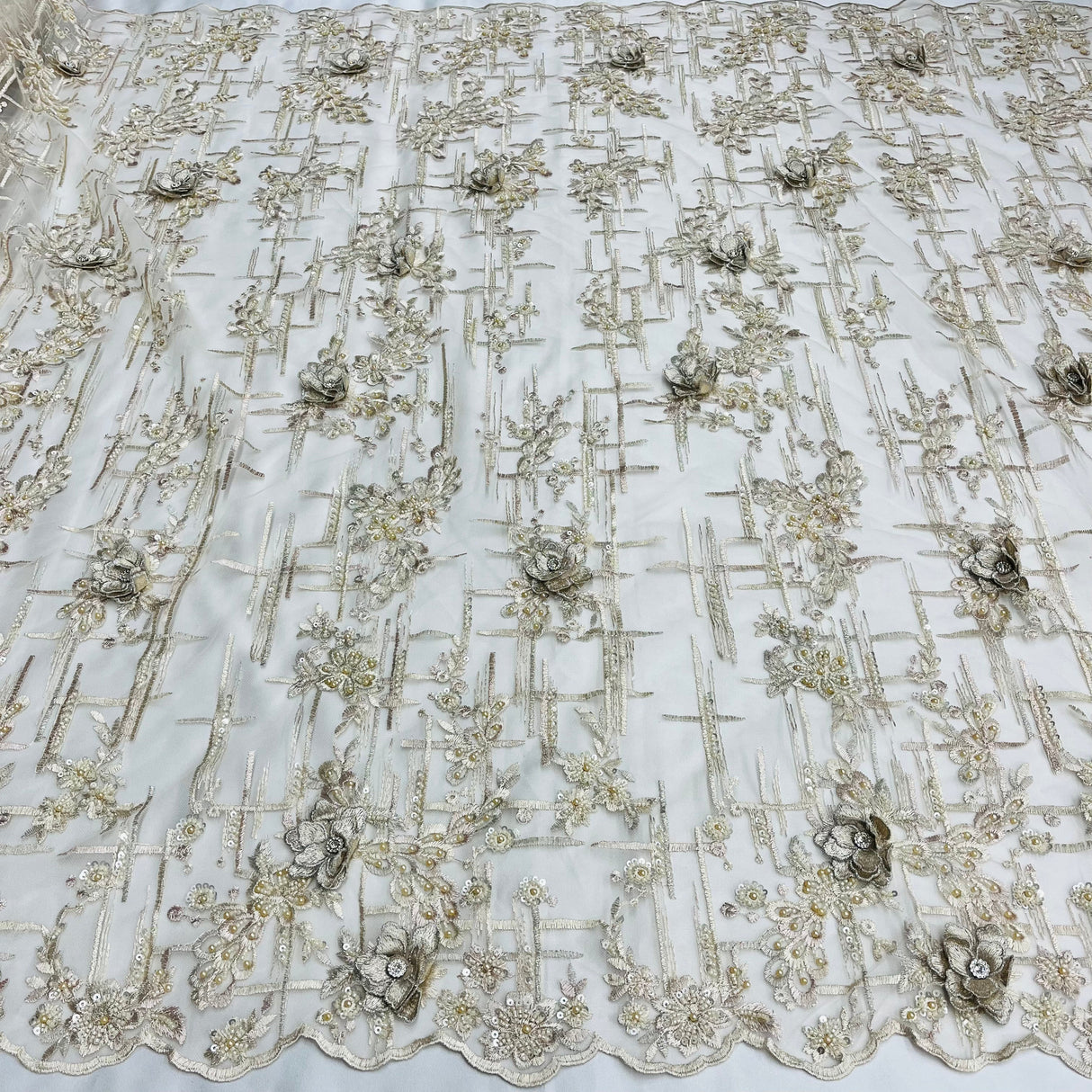 Beaded Rhinestone 3D Floral Lace