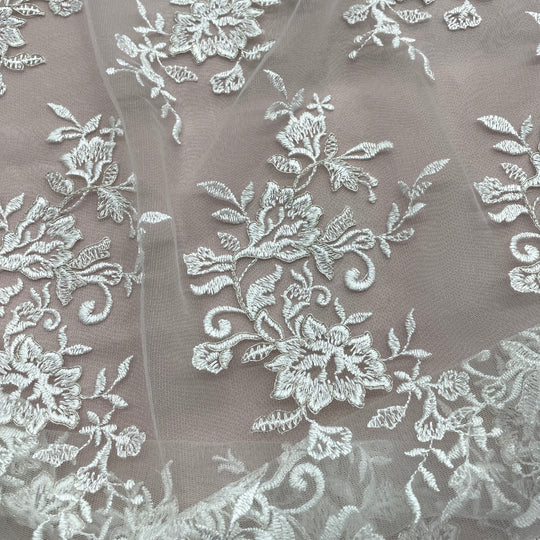 1 Yard Corded Bridal Lace Fabric Embroidered on 100% Polyester Net Mesh – 53"