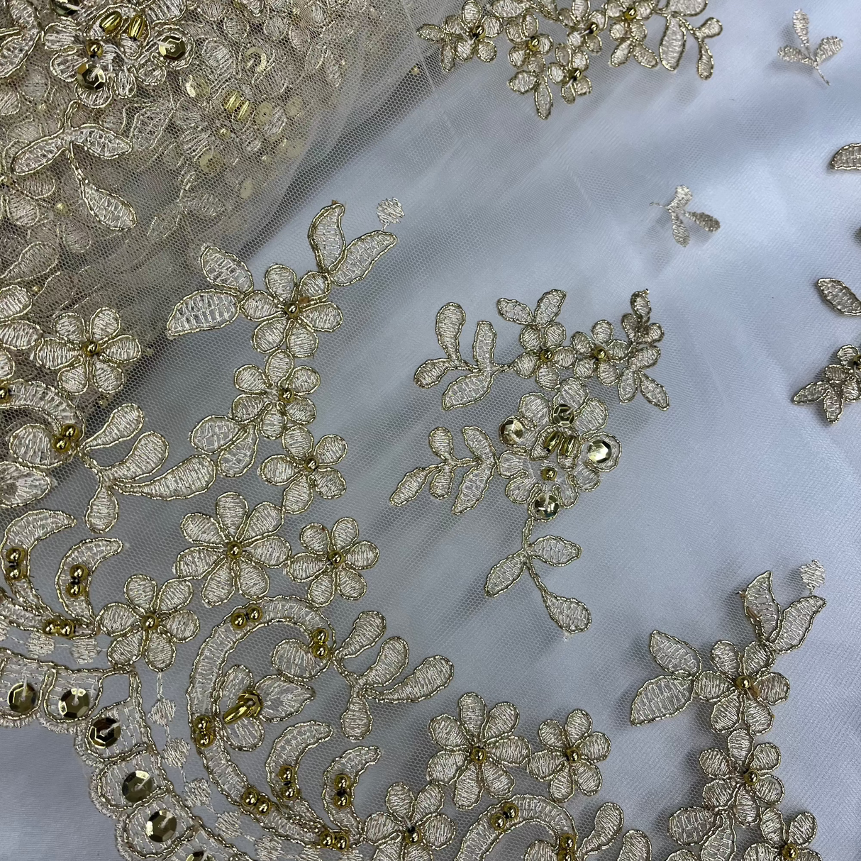 Beaded Corded Floral Lace Fabric 52" Scalloped Edges