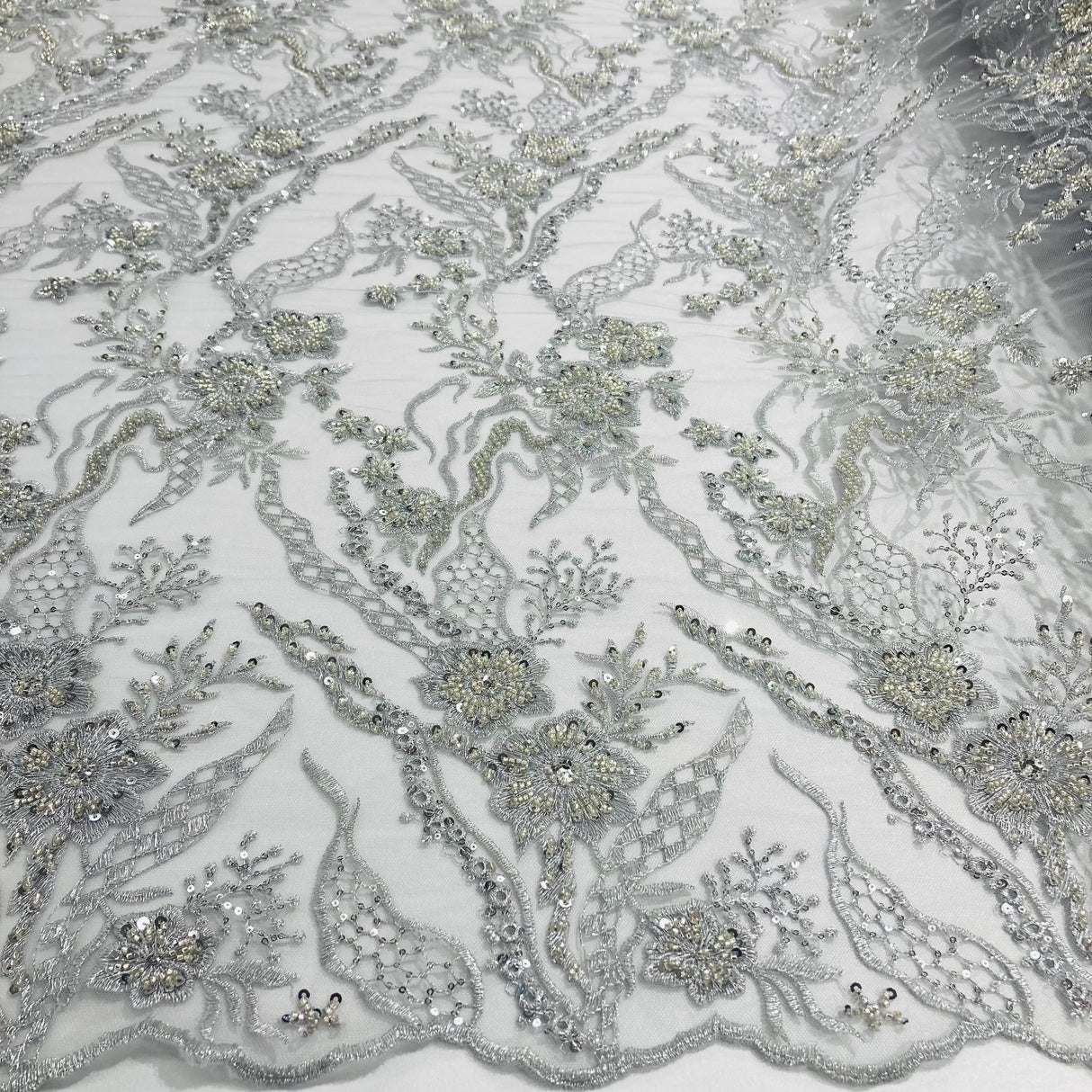 Beaded Lace Fabric on Polyester Net Mesh 50"