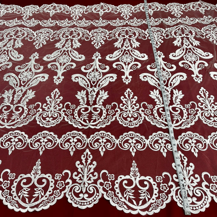 1 Yard Luxurious Corded Bridal Lace Fabric with Floral Embroidery White