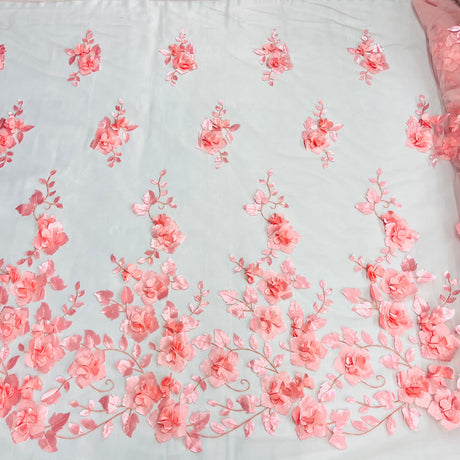 1 Yard 3D Floral Lace Fabric Embroidered on 100 Percent Polyester Soft Tulle Net Mesh White 60 inch Width