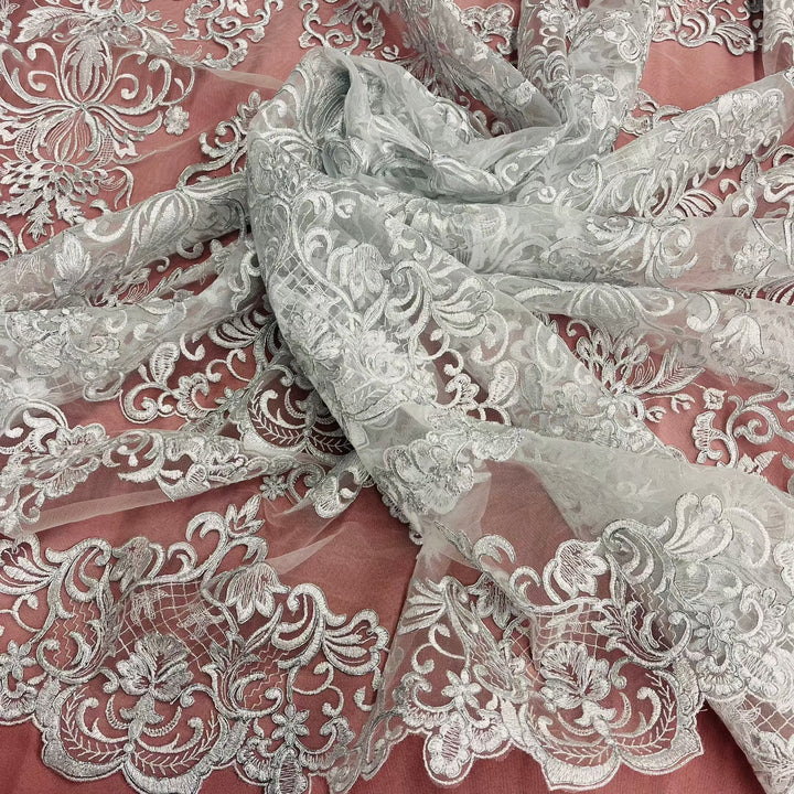 1 Yard Elegant Corded Bridal Lace Fabric Embroidered on 100% Polyester Net Mesh White