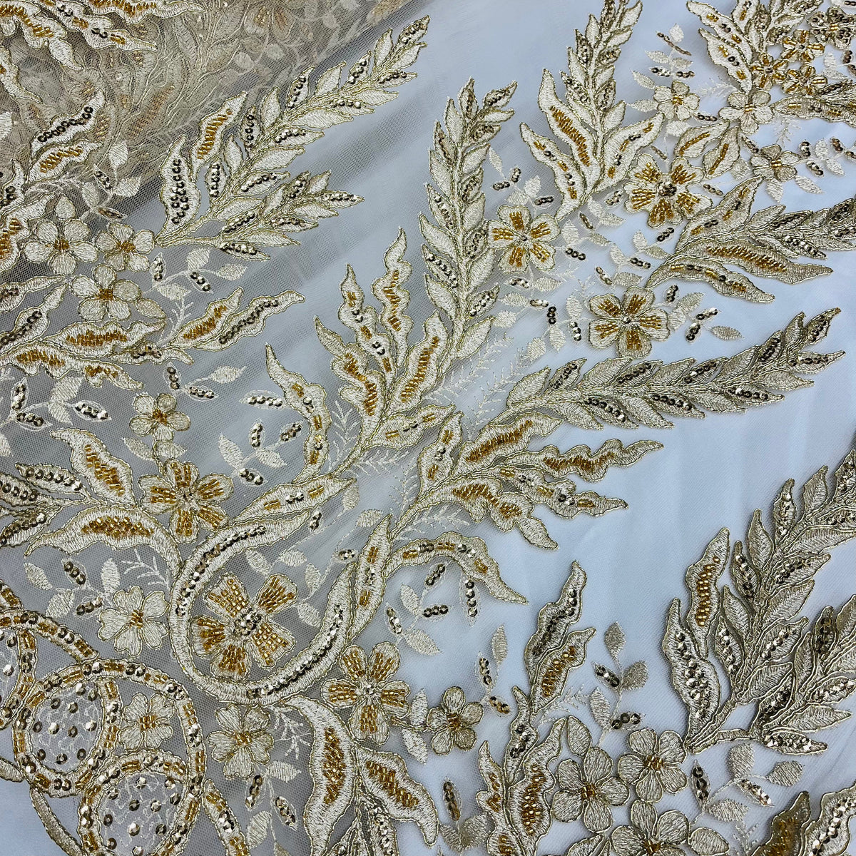 1 Yard Beaded & Corded Embroidered Lace Fabric on 100% Polyester Net Mesh 51" Wide