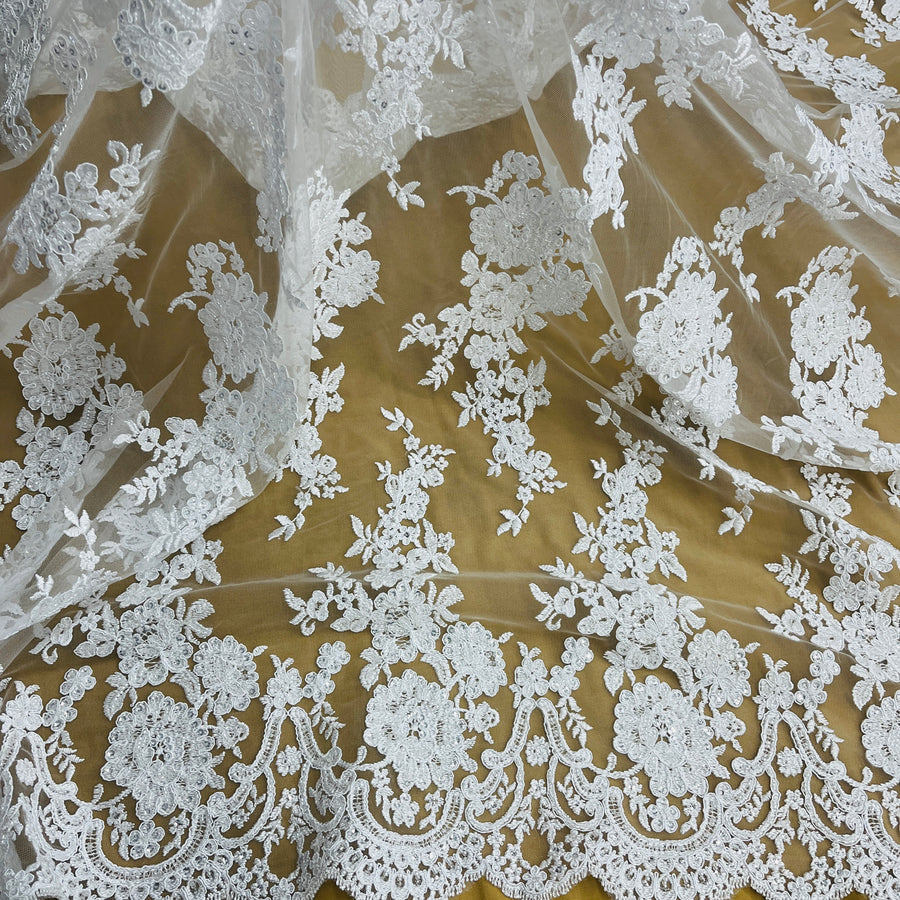 1 Yard Beaded Corded Bridal Lace Fabric Embroidered on 100% Polyester Net Mesh White