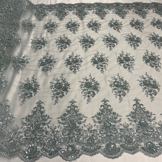 1 Yard Beaded Lace Fabric Embroidered 100 Percent Polyester Net Mesh 50 inch Width