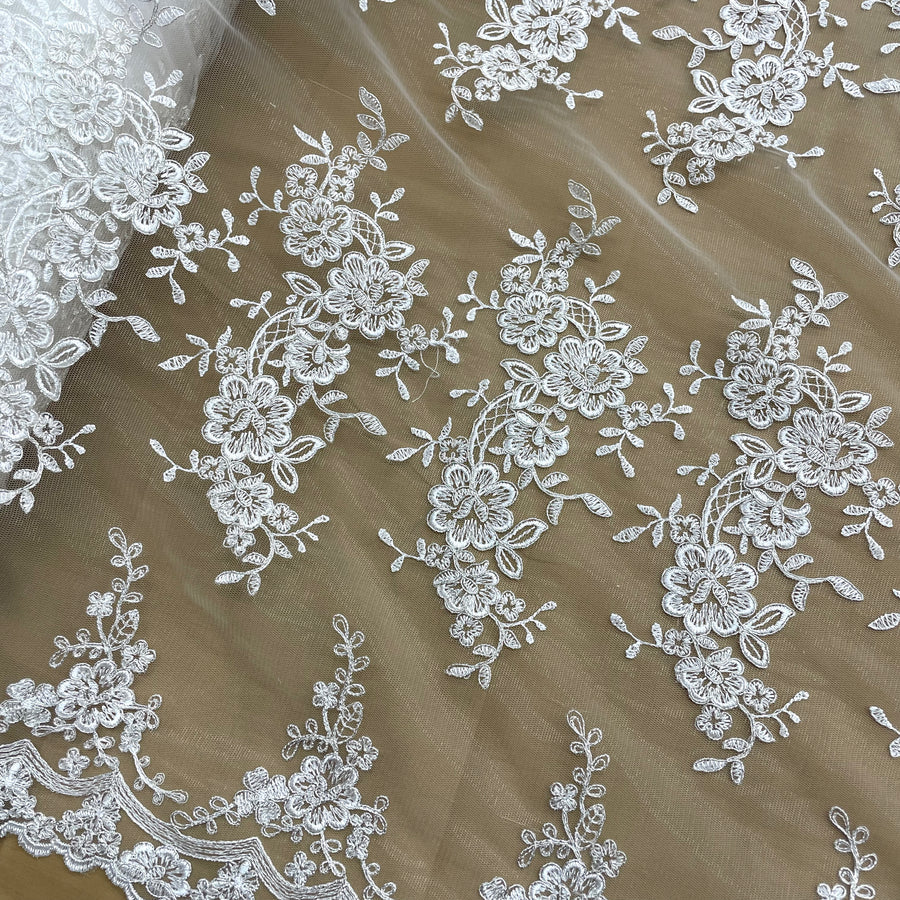 1 Yard Corded Embroidered Bridal Lace Fabric for Wedding Gowns 54 inch Width