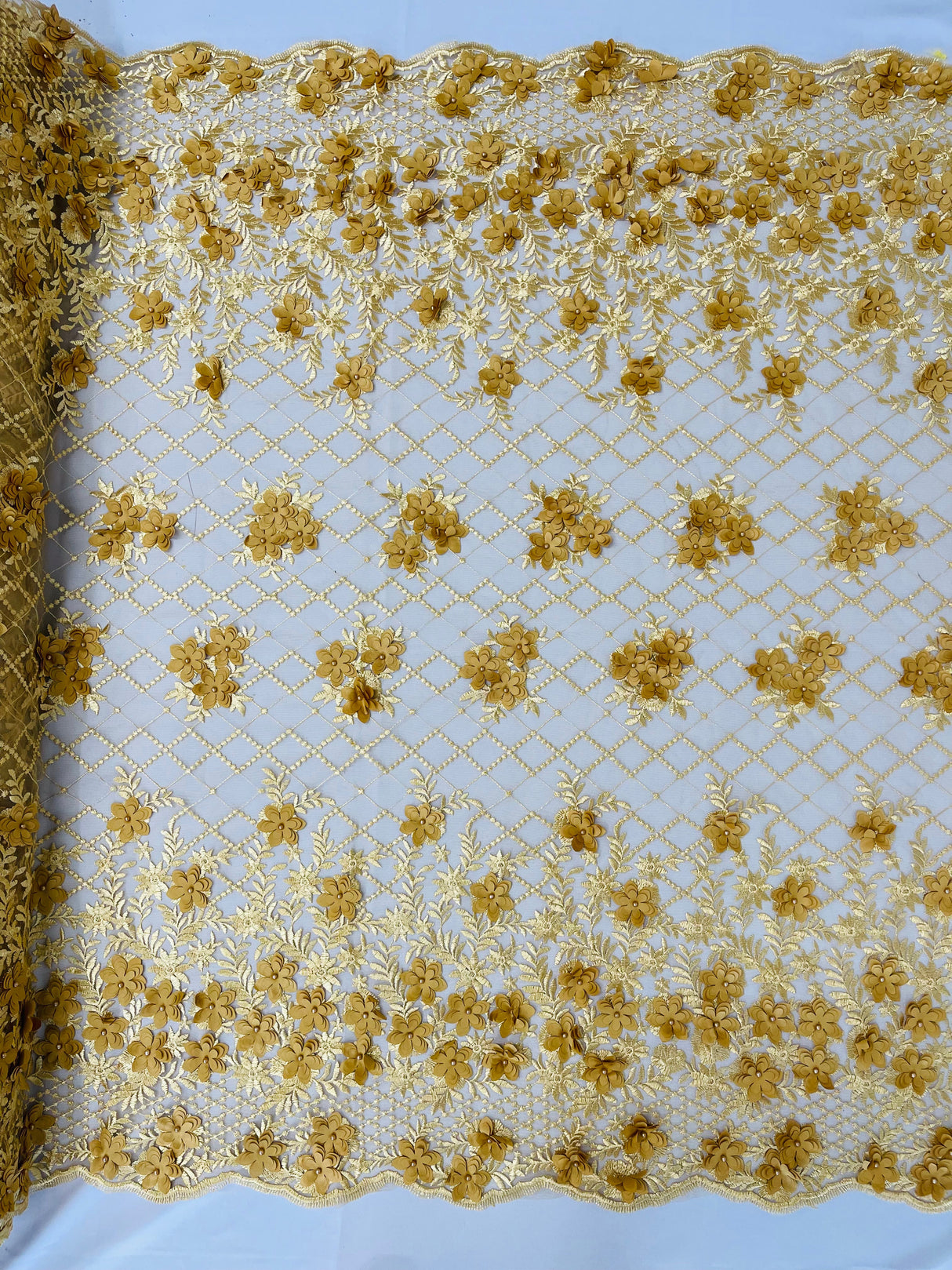 Lia 3D Floral Design Lace Fabric - Beaded Mesh, Double Scallop, 54" Width (1 Yard)