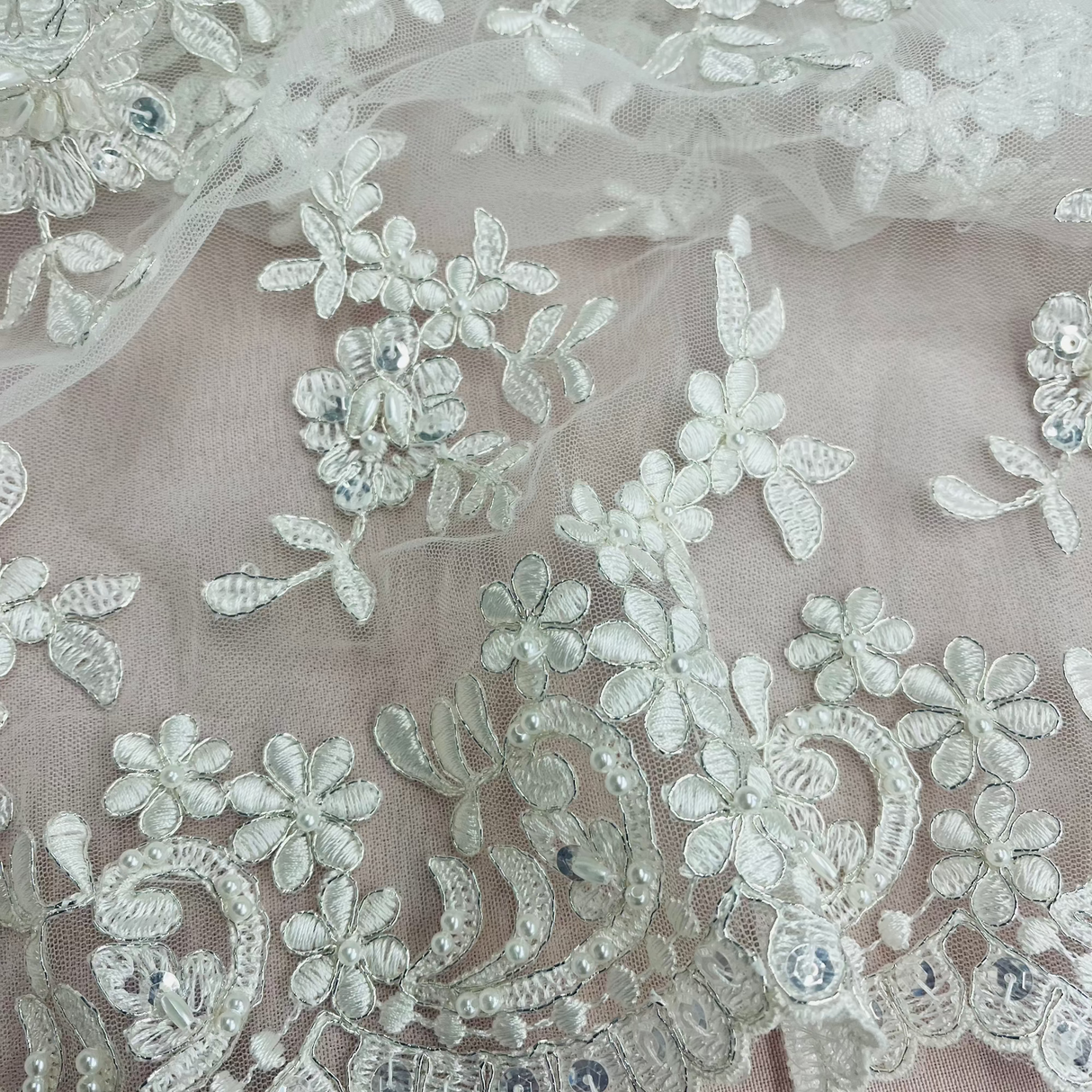 Beaded Corded Floral Lace Fabric 52" Scalloped Edges