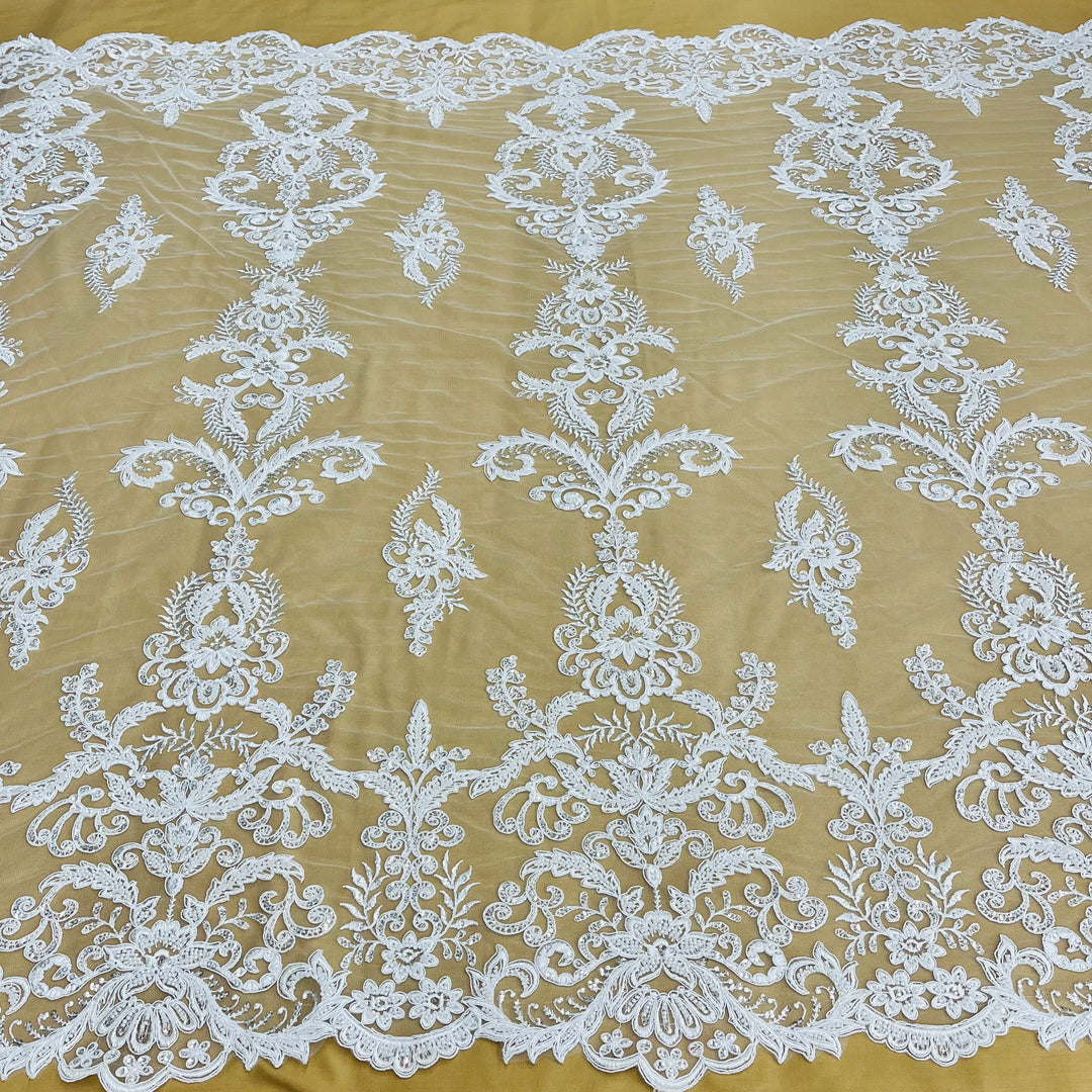 1 Yard Beaded & Corded Bridal Lace Fabric Embroidered on 100% Polyester Net Mesh