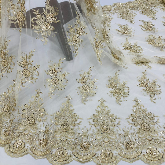 1 Yard Beaded Lace Fabric Embroidered 100 Percent Polyester Net Mesh 50 inch Width