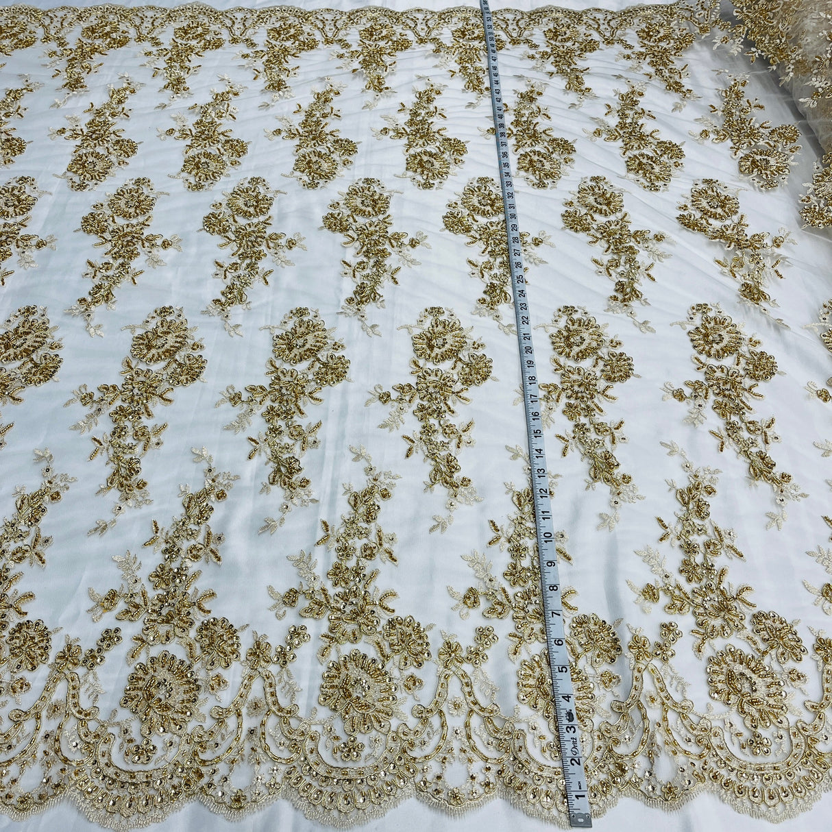 Beaded & Corded Bridal Lace Fabric - Embroidered, 100% Polyester Net Mesh, 53" Width (1 Yard)