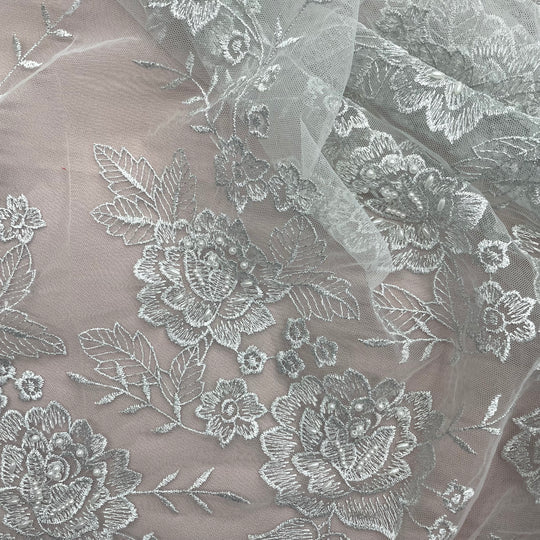 1 Yard Silver Beaded Embroidered Lace Fabric on Polyester Net Mesh for Bridal and Evening Couture – 52"