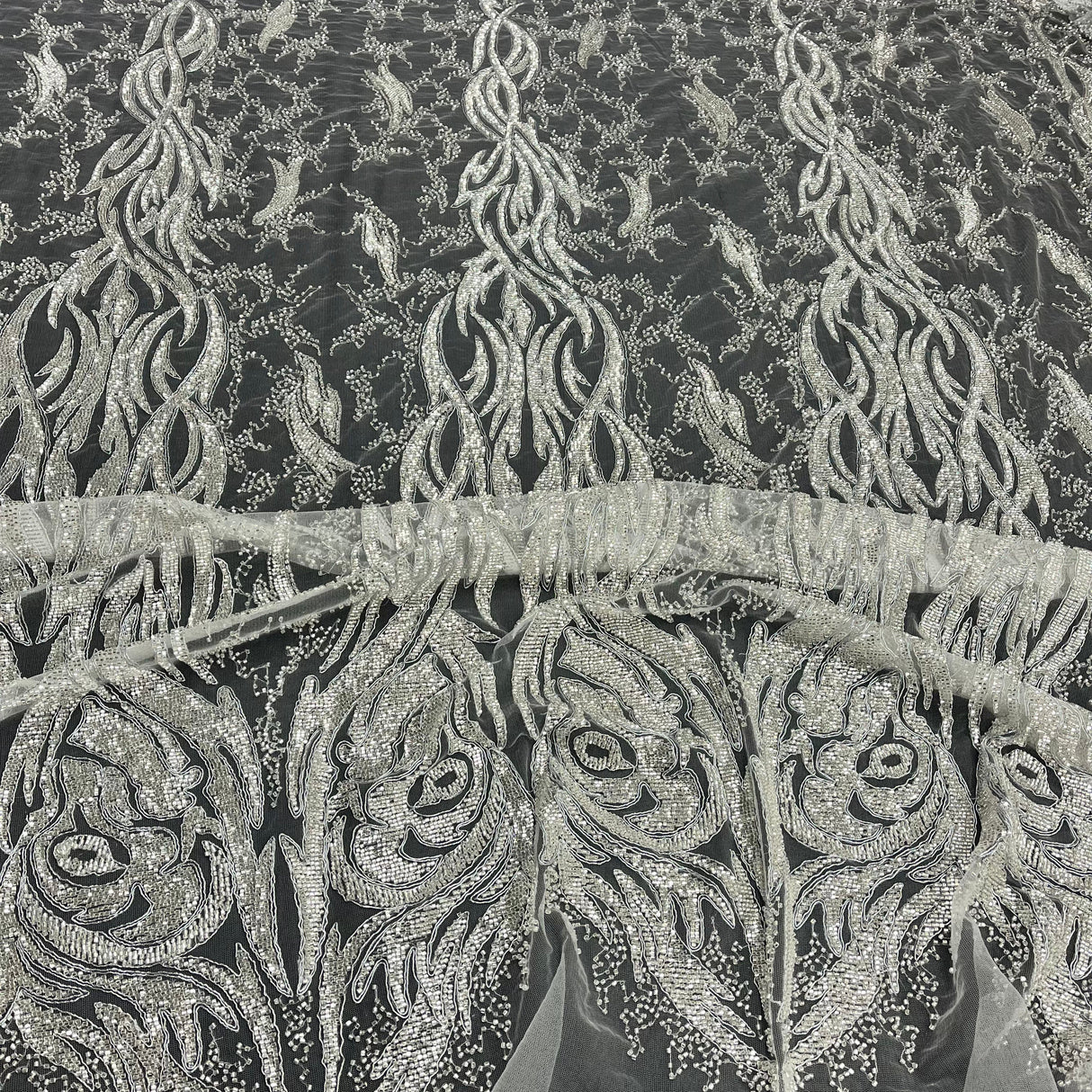 Beaded & Corded Bridal Lace Fabric - Embroidered 100 Percent Polyester Net Mesh, Ivory, Antique Silver, Gold, Silver, White, 58" Width (1 Yard)