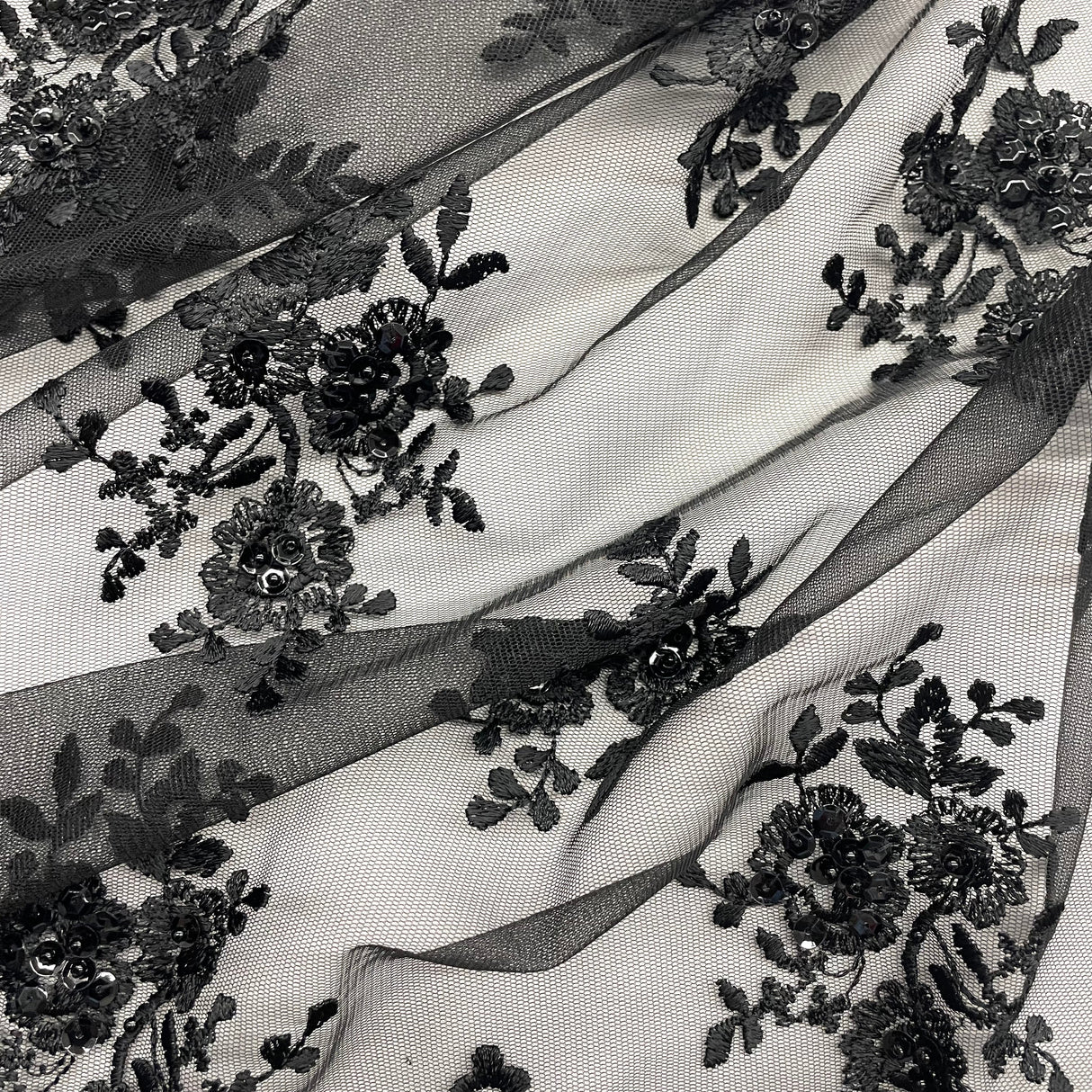 Beaded Embroidered Lace Black Mesh