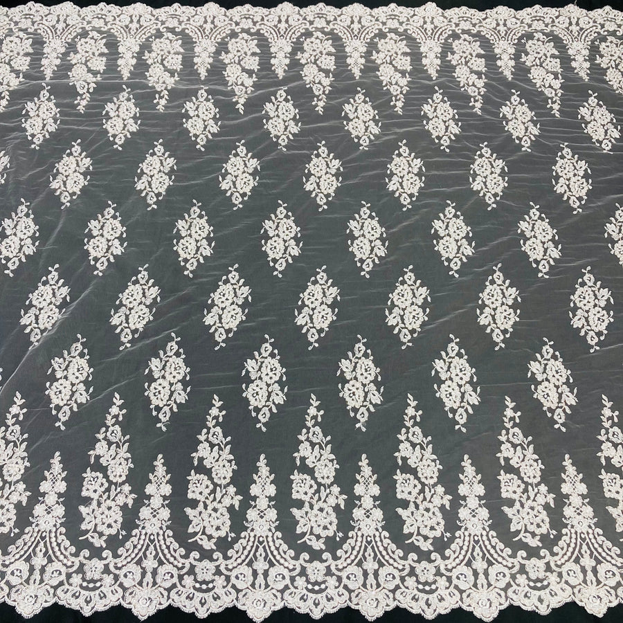1 Yard Beaded Corded Lace Fabric Embroidered on 100 Percent Polyester Net Mesh 52 Inch Width