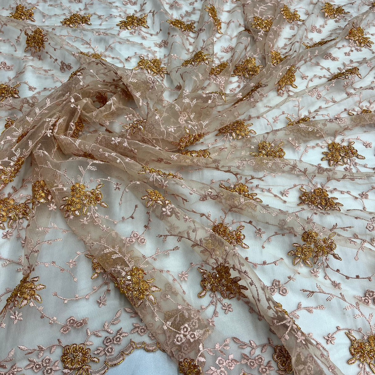 1 Yard Beaded Corded Bridal Lace Fabric Embroidered on 100 Percent Polyester Net Mesh Gold