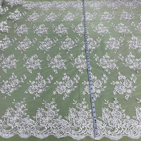 1 Yard Elegant Corded Embroidered Bridal Lace Fabric for Special Occasion White