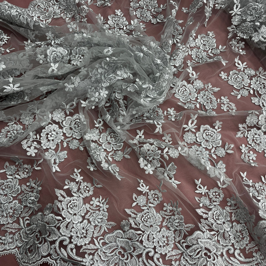 1 Yard Ivory Corded Bridal Lace Fabric Embroidered on Polyester Net Mesh 51 Inch Width