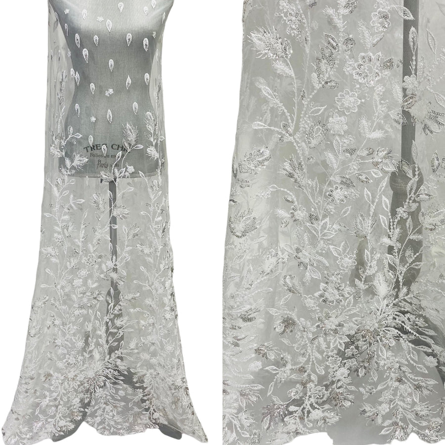 1 Yard Luxurious Beaded and Sequined Lace Fabric Embroidered on 100% Polyester Net Mesh White