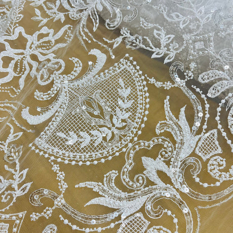1 Yard Beaded Lace Fabric Embroidered on 100% Polyester Net Mesh Ivory