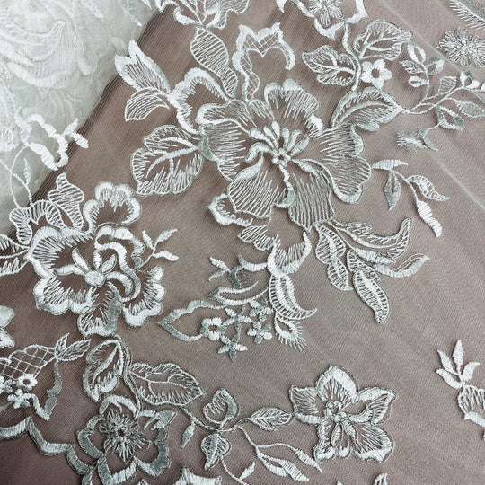 1 Yard Corded Bridal Lace Fabric Embroidered on Polyester Net Mesh 53 inch Width