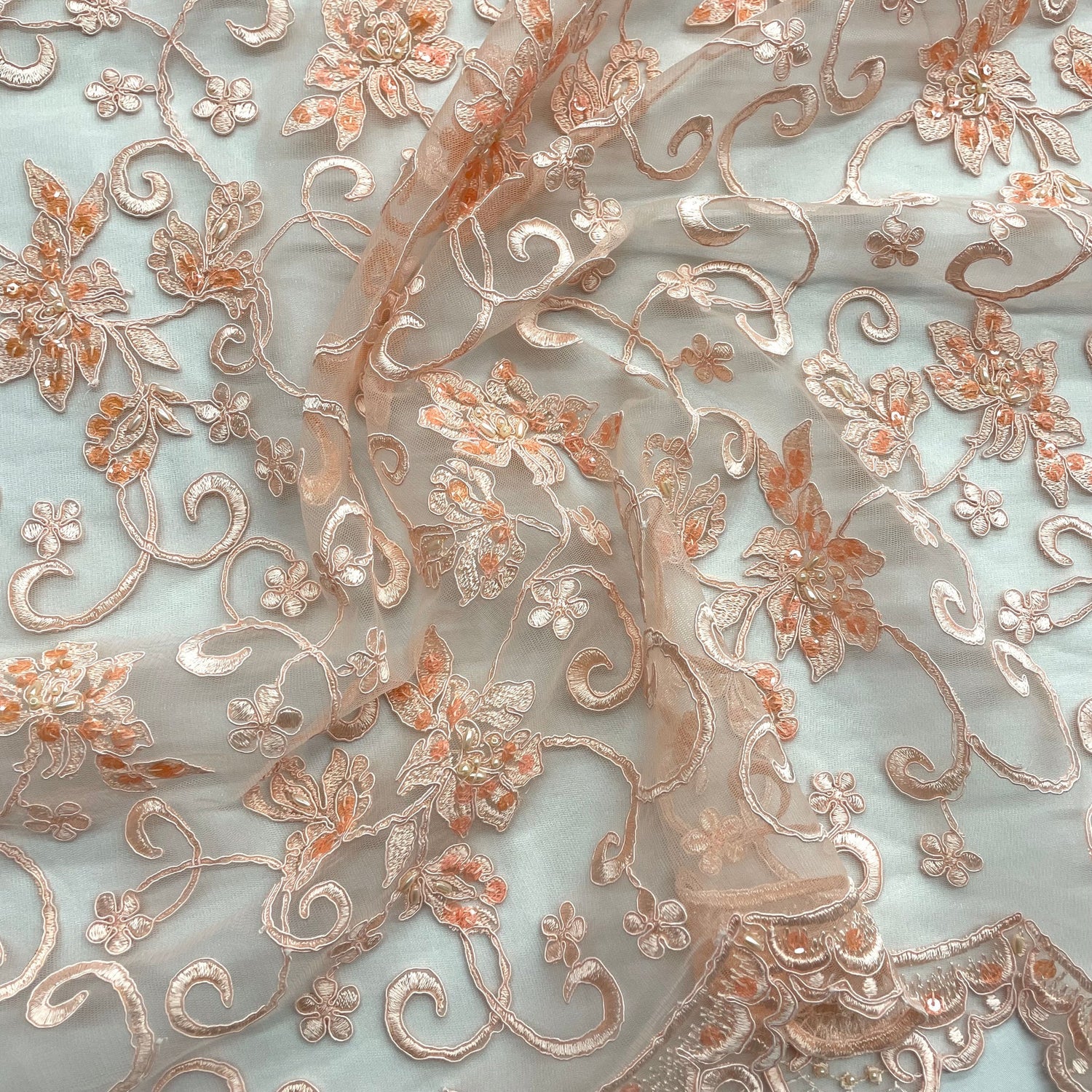 1 Yard Silver Beaded and Corded Bridal Fabric Lace Embroidered on Polyester Net Mesh for Wedding and Evening Gowns – 54"