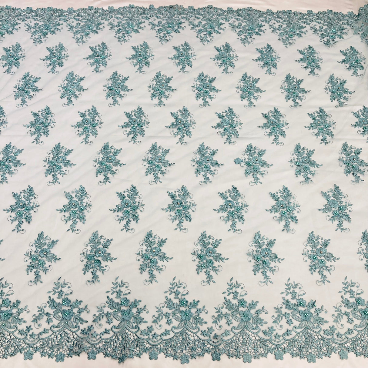 Beaded 3D Floral Lace Polyester Fabric - Jade Floral Embroidered Beaded Mesh, 52" Width (1 Yard)