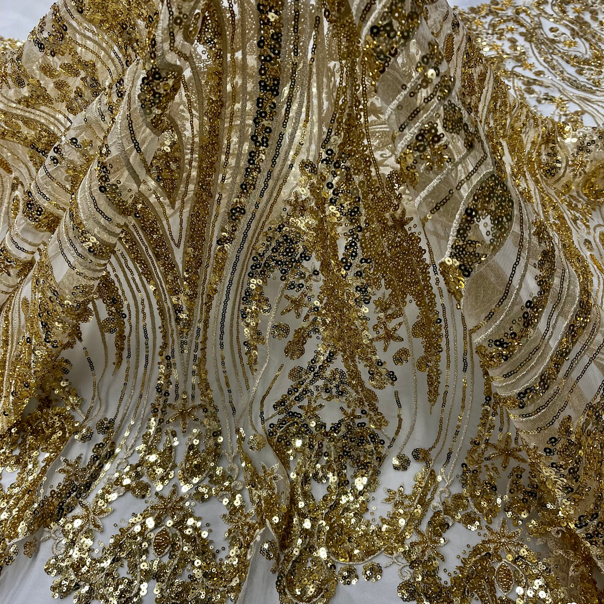 1 Yard Luxury Beaded Lace Embroidered Sheer Polyester Net Fabric for Bridal & Evening Wear