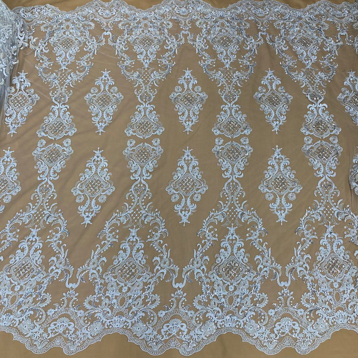 1 Yard Exquisite Beaded Lace Fabric Embroidered on 100% Polyester Net Mesh White