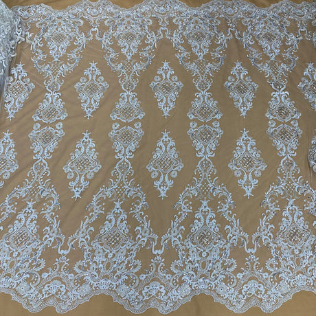 1 Yard Exquisite Beaded Lace Fabric Embroidered on 100% Polyester Net Mesh White