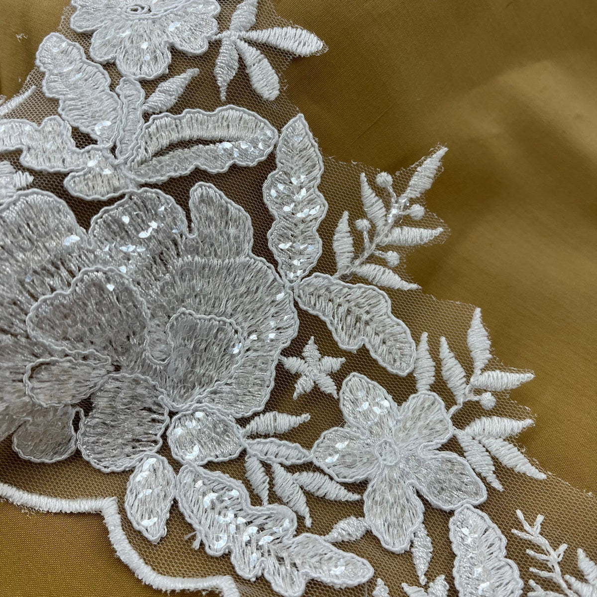 1 Yard Beaded Corded Floral Lace Trimming on 100% Polyester Net Mesh, Elegant Embroidered Lace Fabric