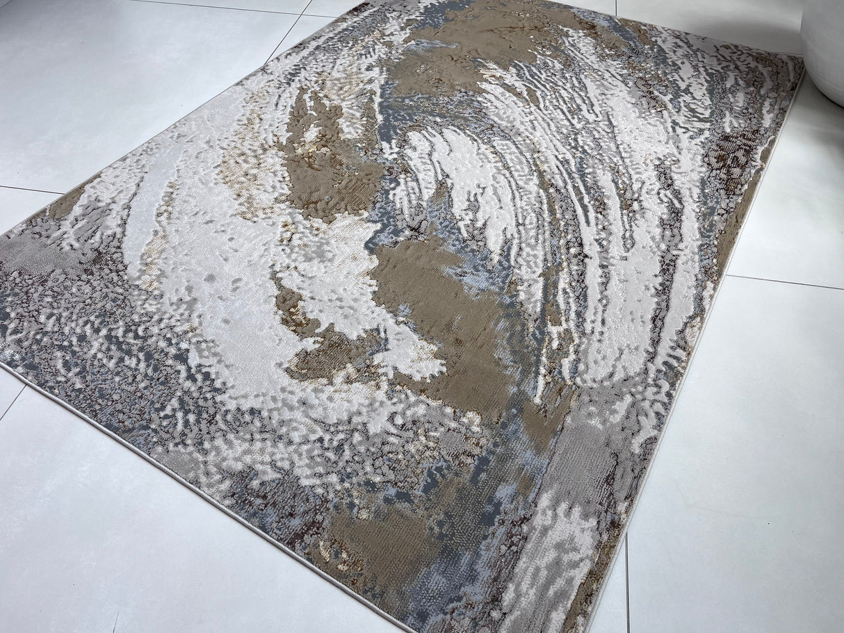 Maximus 240 Polyester Viscose Blend Fabric - Silver With Gold Swirl Design, Color-Changing Flat Weave, 60% Polypropylene 40% Polyester (7' 9" x 10' 2")