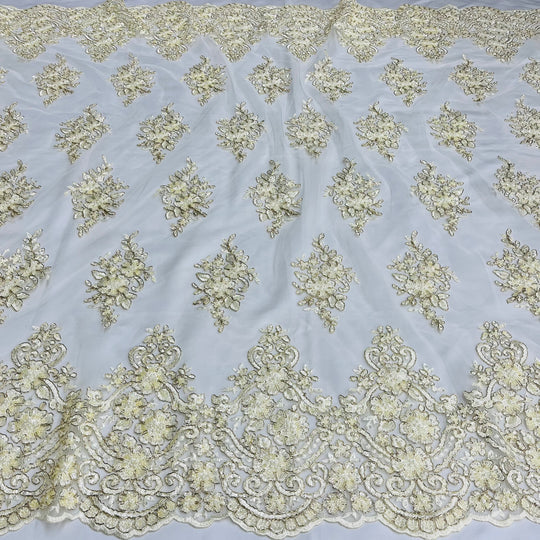 1 Yard Regal Beaded and Corded Lace Fabric with Scallops Embroidered on Polyester Net Mesh