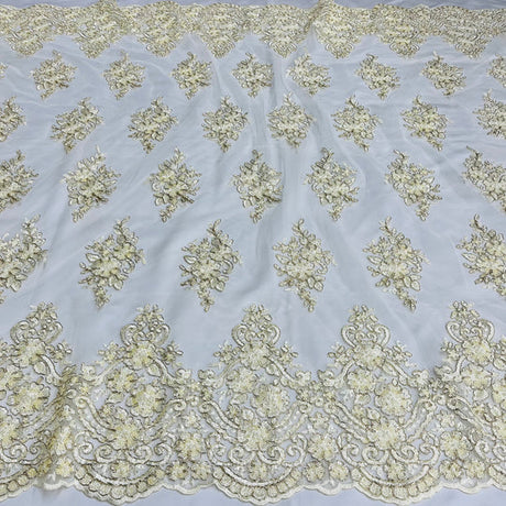 1 Yard Regal Beaded and Corded Lace Fabric with Scallops Embroidered on Polyester Net Mesh
