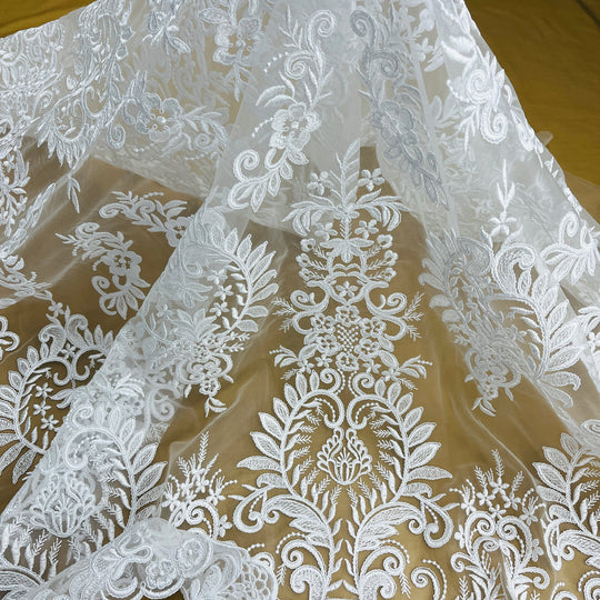 1 Yard Silver Corded Bridal Lace Fabric Embroidered on Polyester Net Mesh Floral Design 52 Inch Width